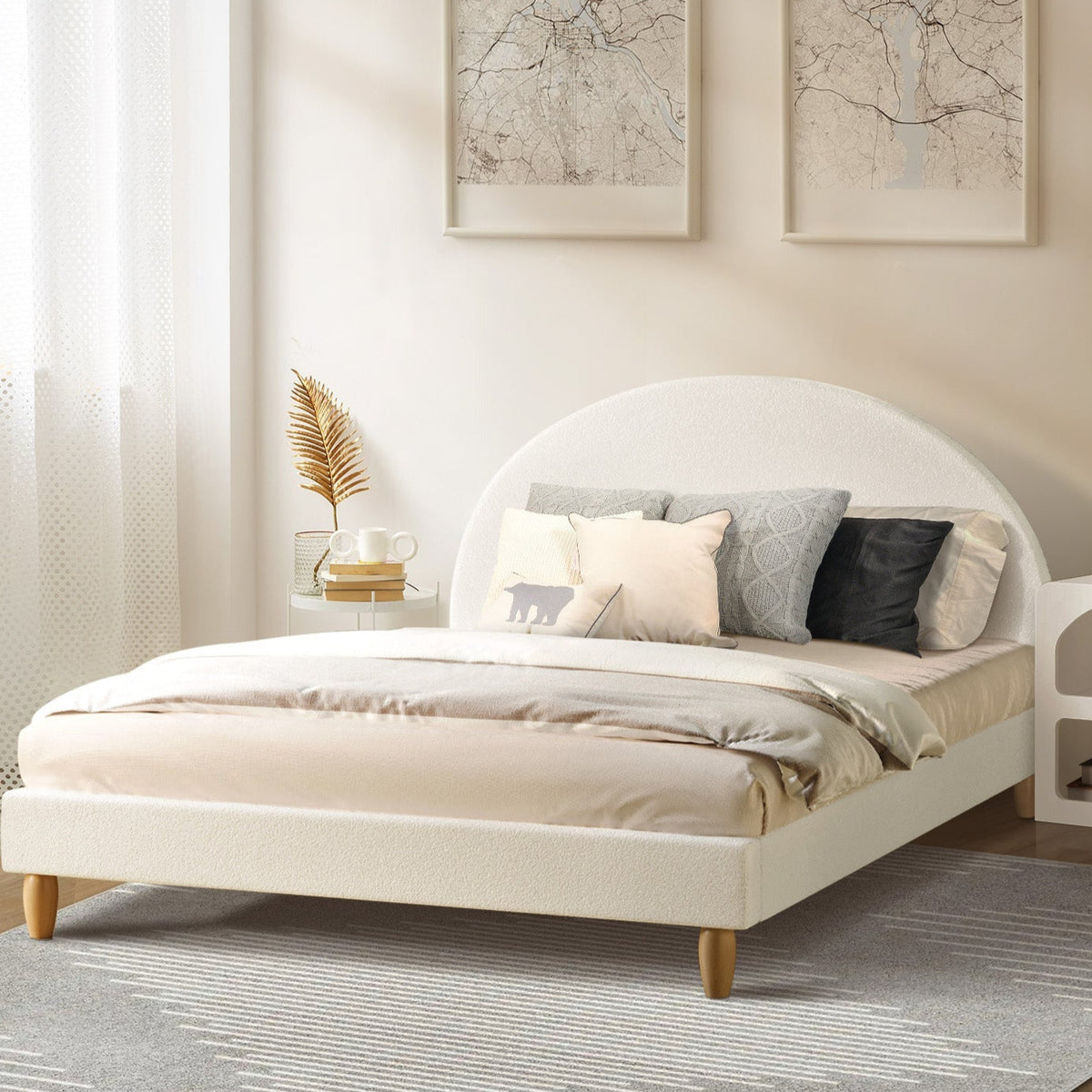 Teddy Soft Boucle Fabric Round White Bed Arched Cushioned Touch Whit