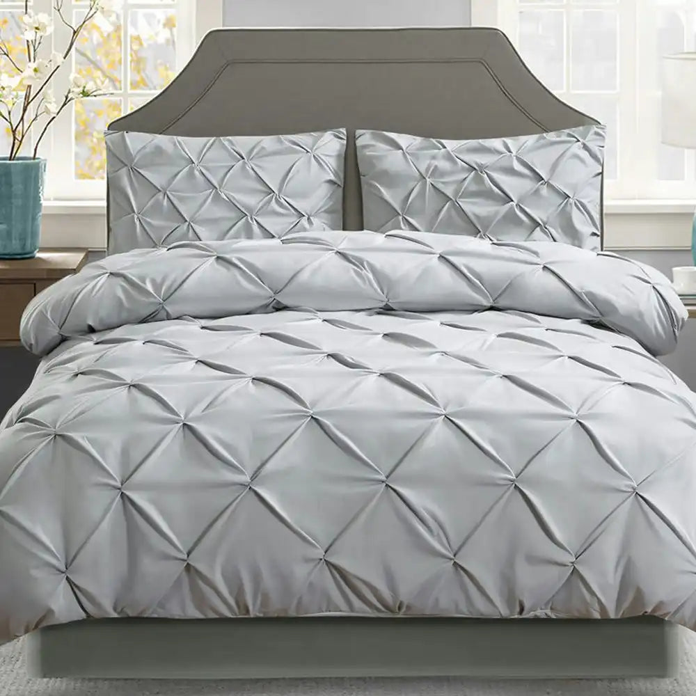 3 Piece Pinch Pleat Quilt Cover Set | Pintuck Diamond Embroidery Duvet Cover Set
