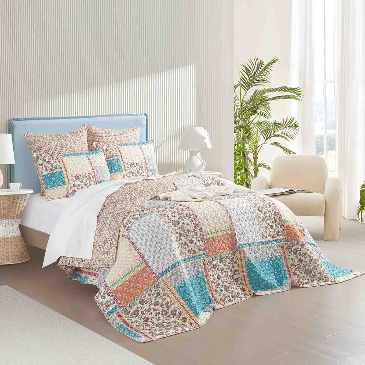 Patchelo 3pc Quilted Reversible Coverlet Set by Renee Taylor | Two Sided Modern Light Coverlet