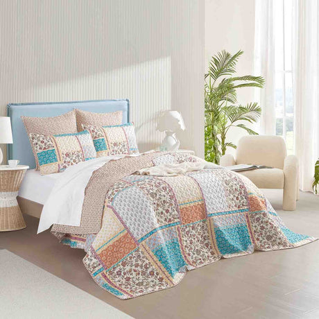 Patchelo 3pc Quilted Reversible Coverlet Set by Renee Taylor | Two Sided Modern Light Coverlet