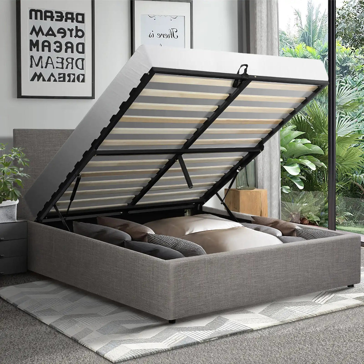 Aria Supreme Luxe Grey Fabric LED Bed Frame | Modern Soft Touch Fabric Gas Lift Storage Bed