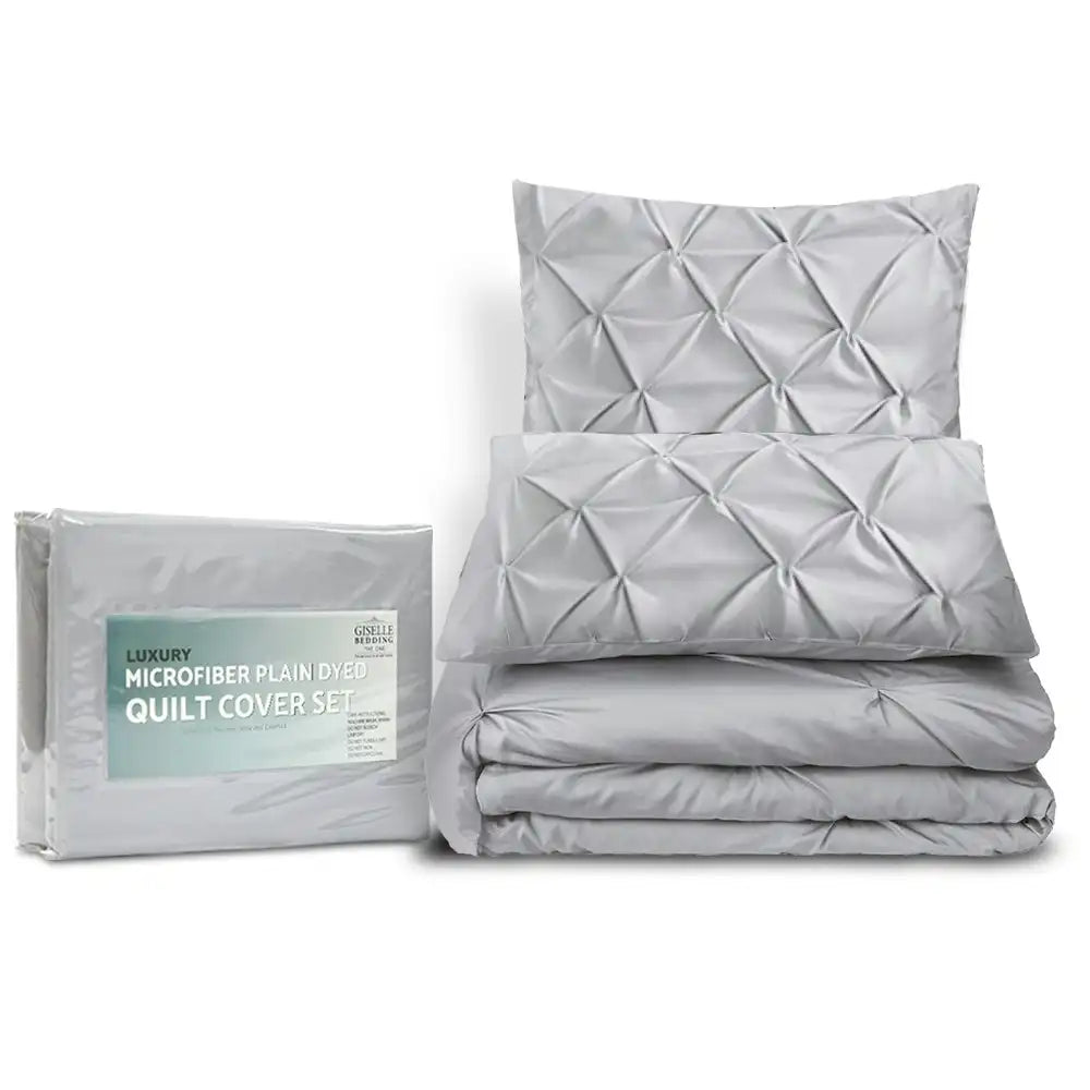3 Piece Pinch Pleat Quilt Cover Set | Pintuck Diamond Embroidery Duvet Cover Set