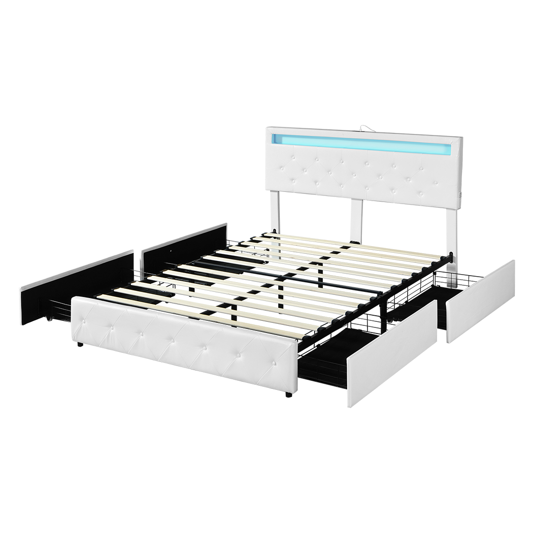 Duomo Blanco LED PU Leather Storage Bed with USB and 4 Draws | Multi Functional Storage LED Lights Bed Frame