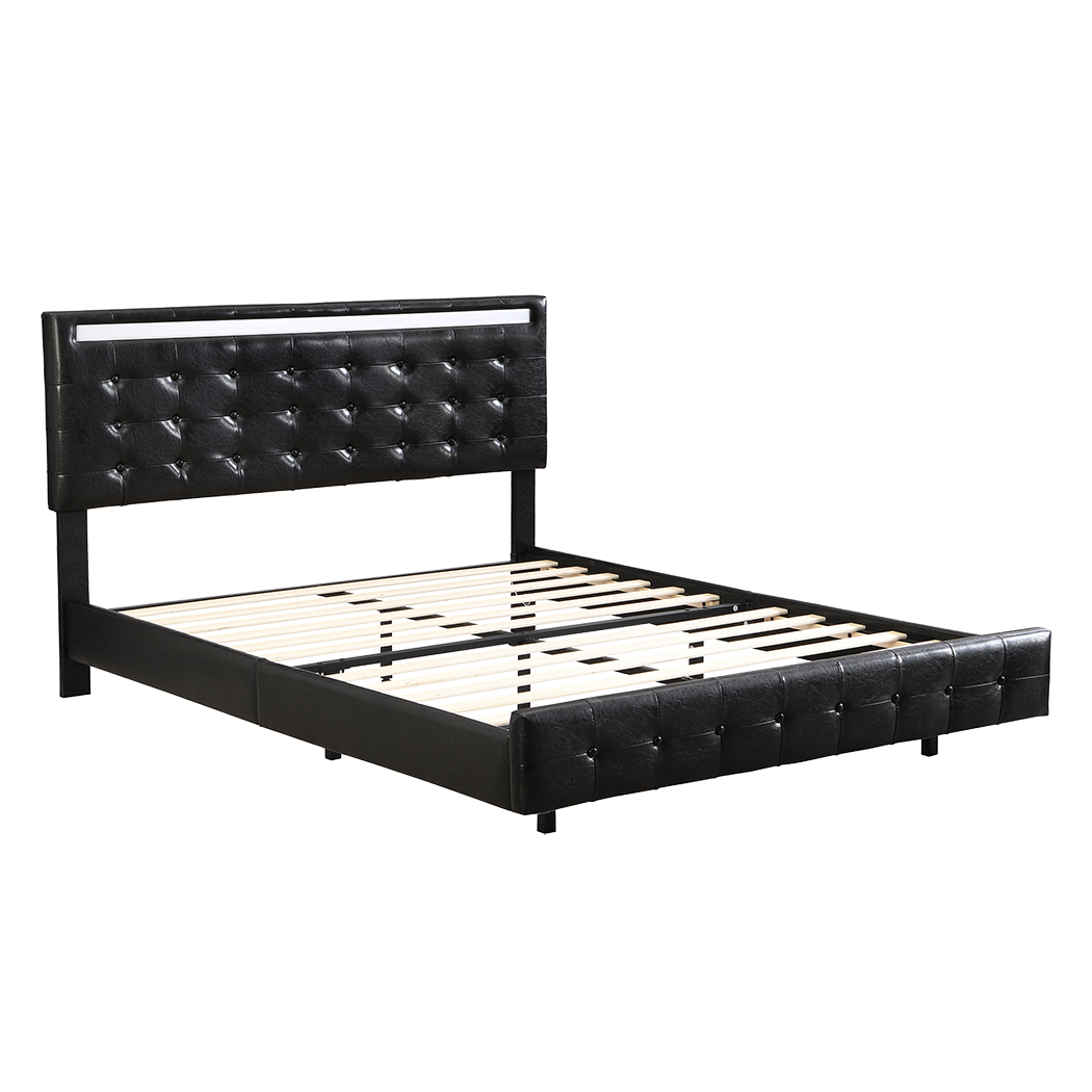 Riomi LED BlackPU Leather Floating Bed | Tufted Design Modern LED Lights Bed Frame