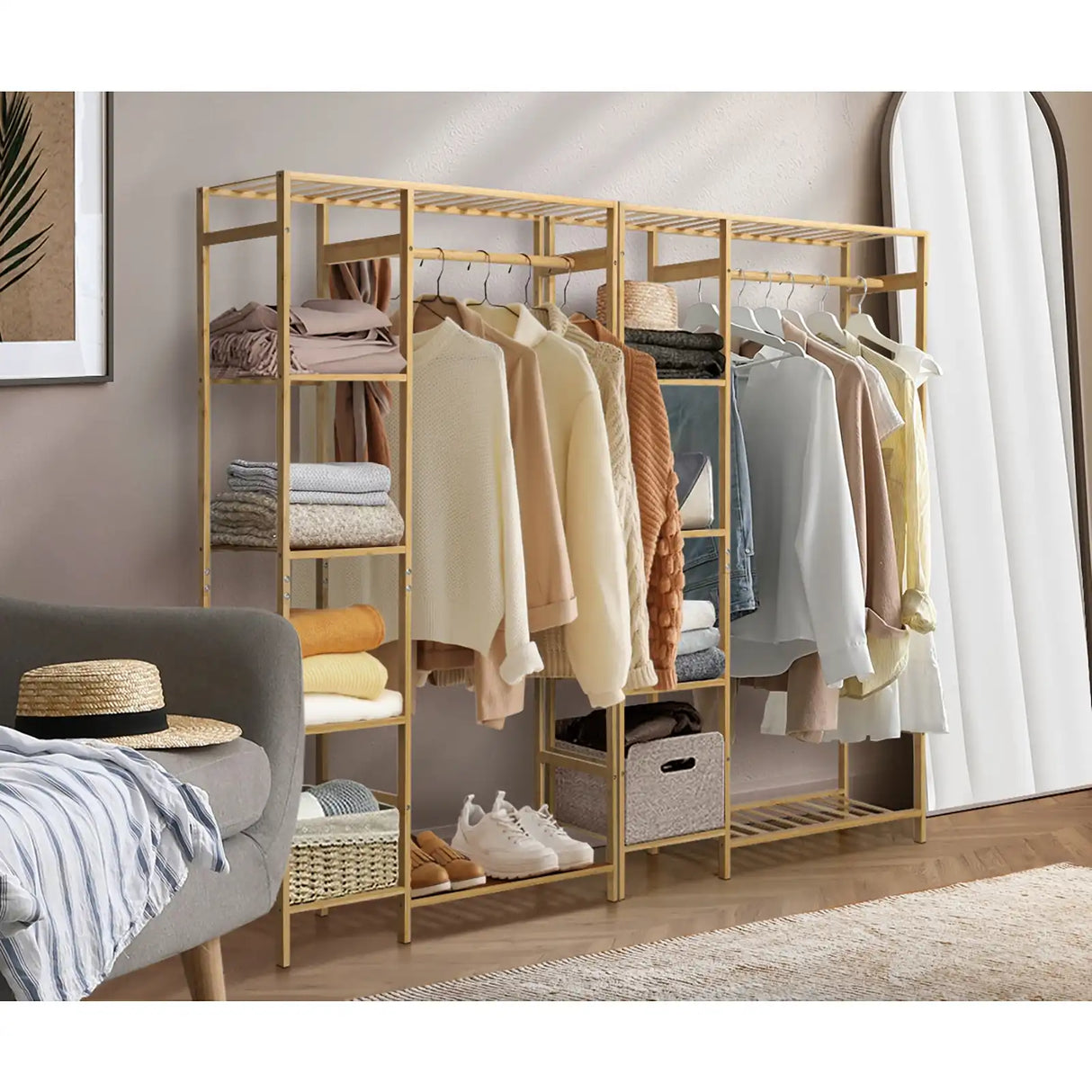 Bamboo Portable Wardrobe Hanging Clothes Rack and Storage Organizer