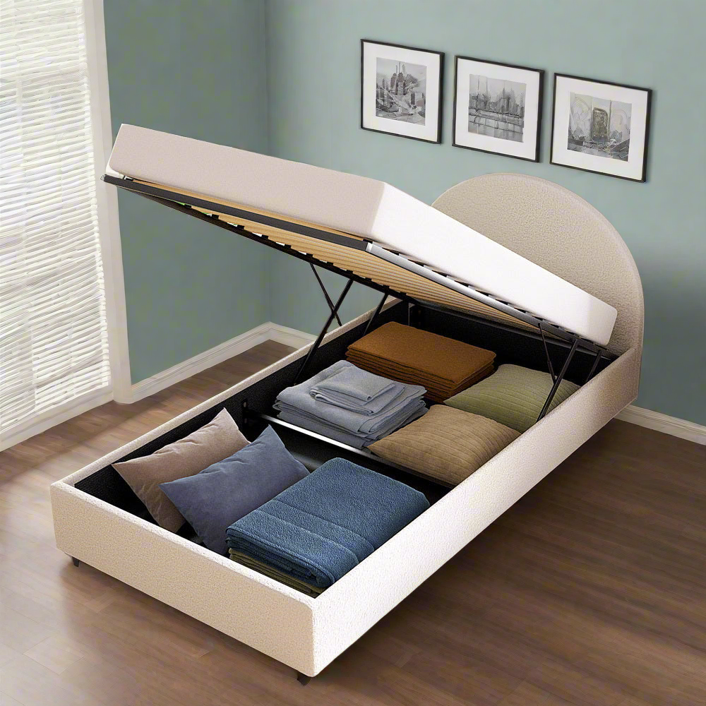 Luna Luxe Soft Boucle Round Gas Lift Storage Bed | Soft Cushioned Arched Boucle Bed Frame