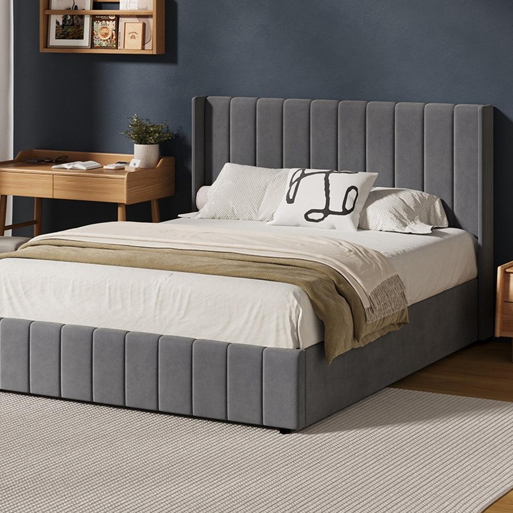 Allure Premium Grey Soft Velvet Fabric Gas Lift Storage Bed | Two In One Bed and Storage Combo Bed Frame