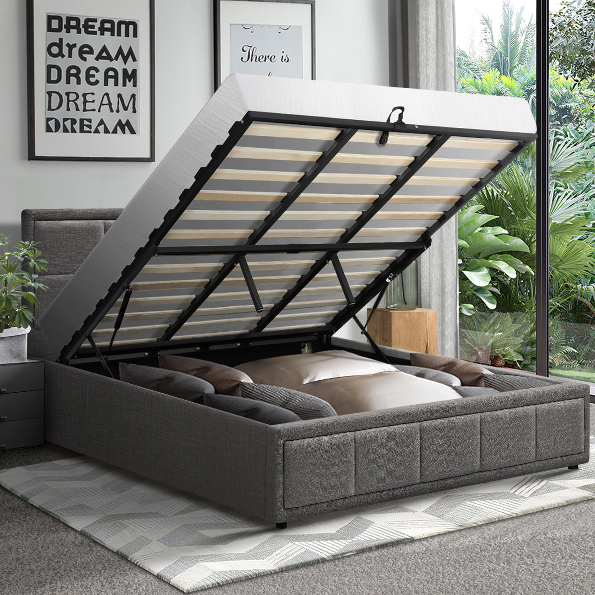 Teddy Milo Grey Fabric Deluxe Gas Lift Storage Bed Frame  | Embossed Fabric Gas Lift Modern Bed