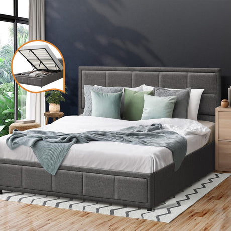 Teddy Milo Grey Fabric Deluxe Gas Lift Storage Bed Frame  | Embossed Fabric Gas Lift Modern Bed