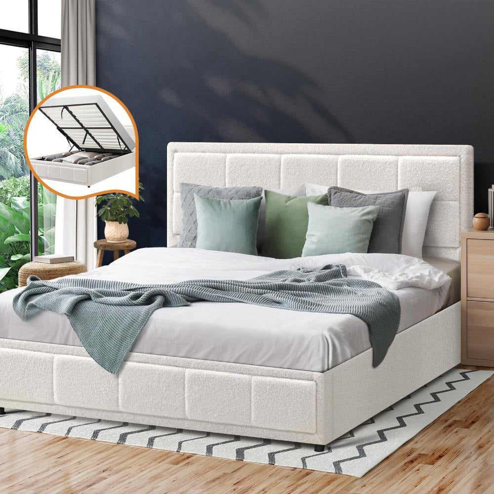 Teddy Milo Boucle Fabric Deluxe Gas Lift Storage Bed Frame | Embossed Fabric Gas Lift Modern Bed