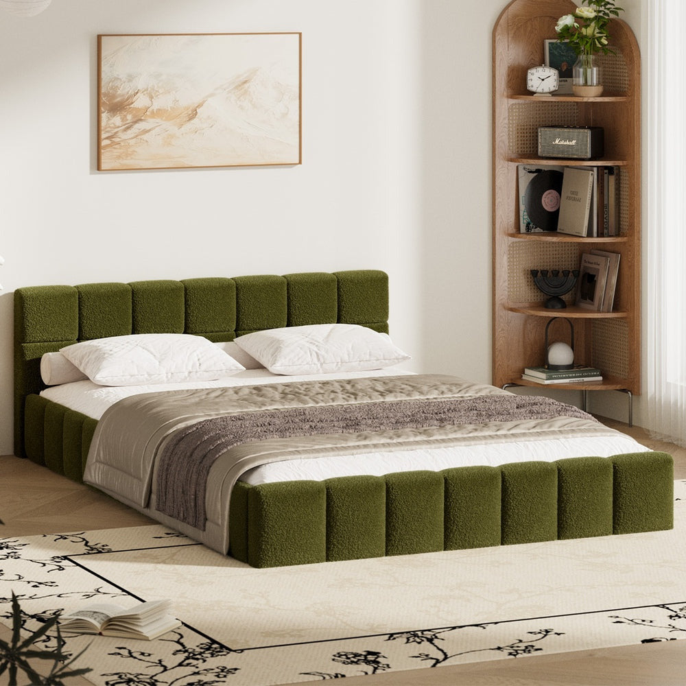 Botelia Green Boucle Low Profile Bed Frame| Luxurious Tufted Premium Fabric Ground Bed