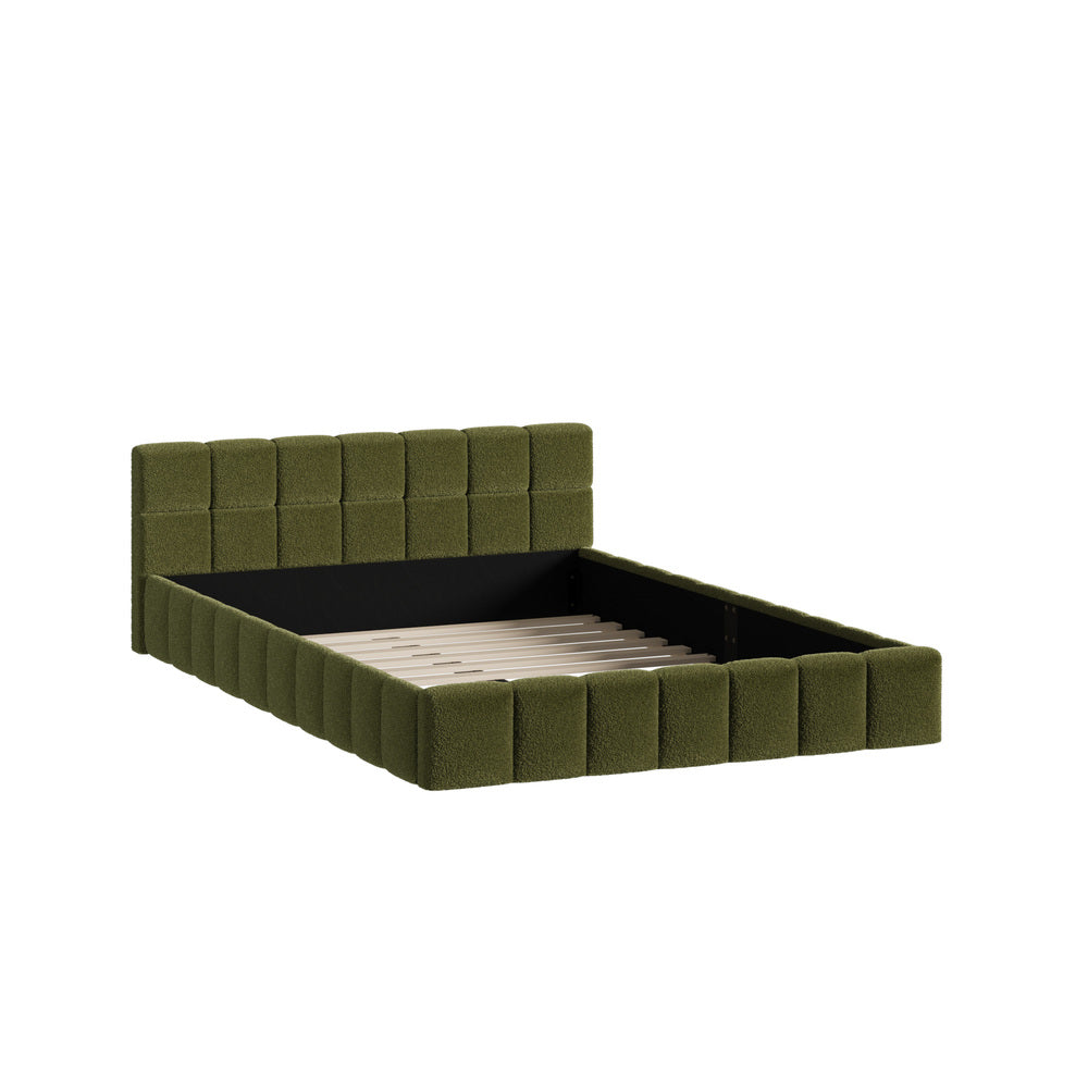 Botelia Green Boucle Low Profile Bed Frame| Luxurious Tufted Premium Fabric Ground Bed