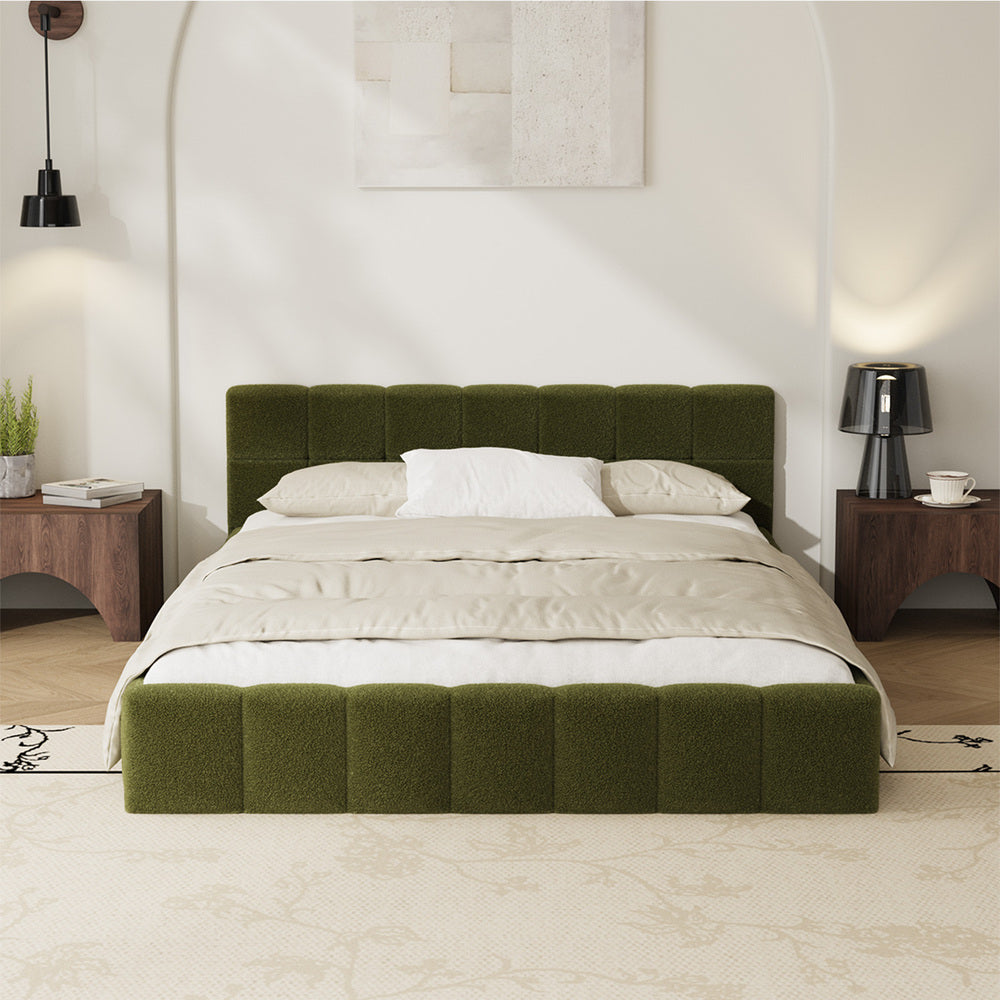 Botelia Green Boucle Low Profile Bed Frame| Luxurious Tufted Premium Fabric Ground Bed