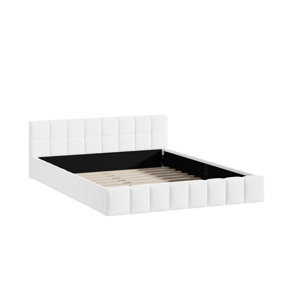 Botelia White Boucle Low Profile Bed Frame| Luxurious Tufted Premium Fabric Ground Bed