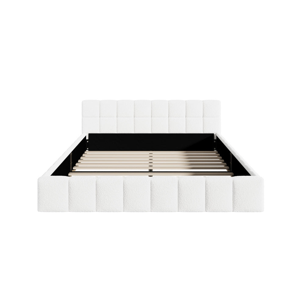 Botelia White Boucle Low Profile Bed Frame| Luxurious Tufted Premium Fabric Ground Bed