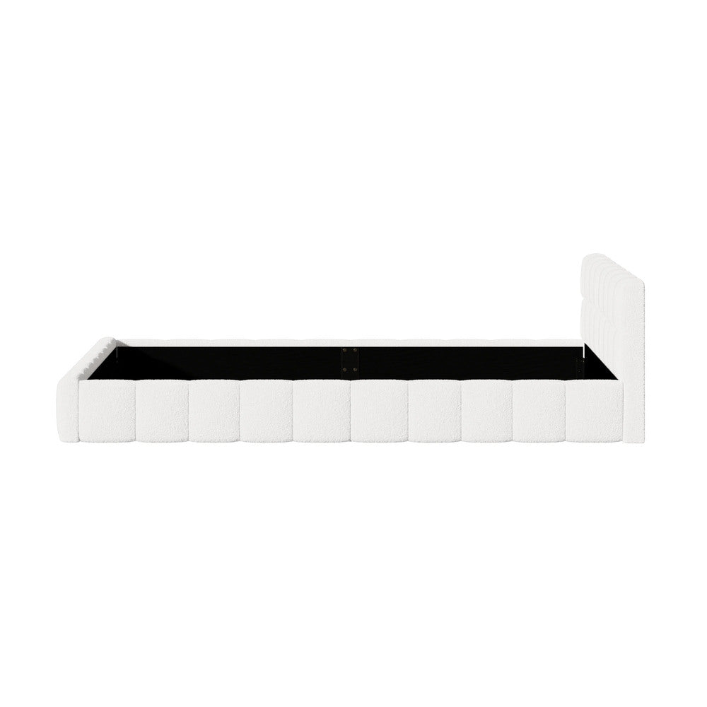 Botelia White Boucle Low Profile Bed Frame| Luxurious Tufted Premium Fabric Ground Bed