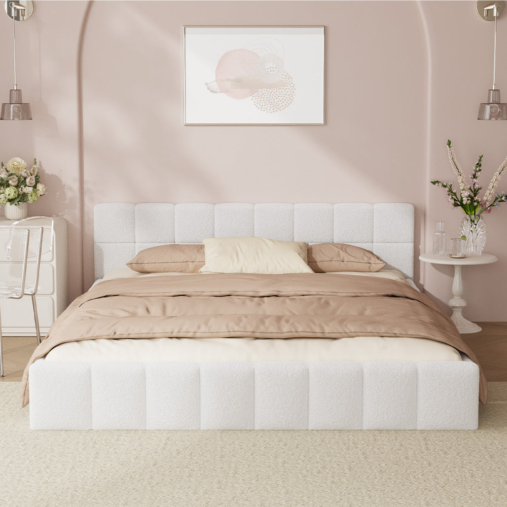 Botelia White Boucle Low Profile Bed Frame| Luxurious Tufted Premium Fabric Ground Bed