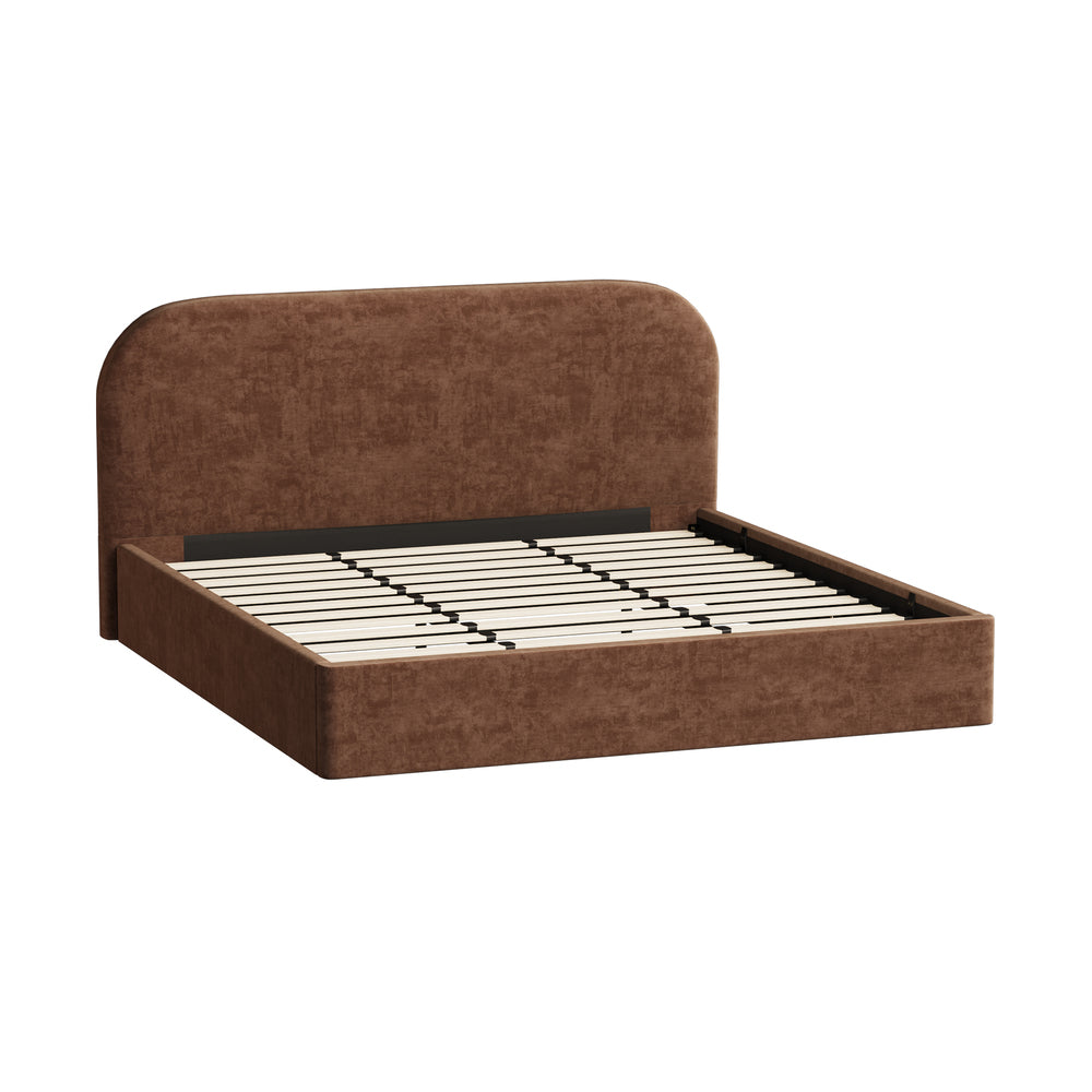 Brown Cloud Marshmallow Velvet Touch Gas Lift Bed | Soft Padded Arched Fabric Storage Bed Frame