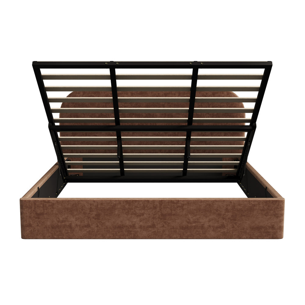 Brown Cloud Marshmallow Velvet Touch Gas Lift Bed | Soft Padded Arched Fabric Storage Bed Frame