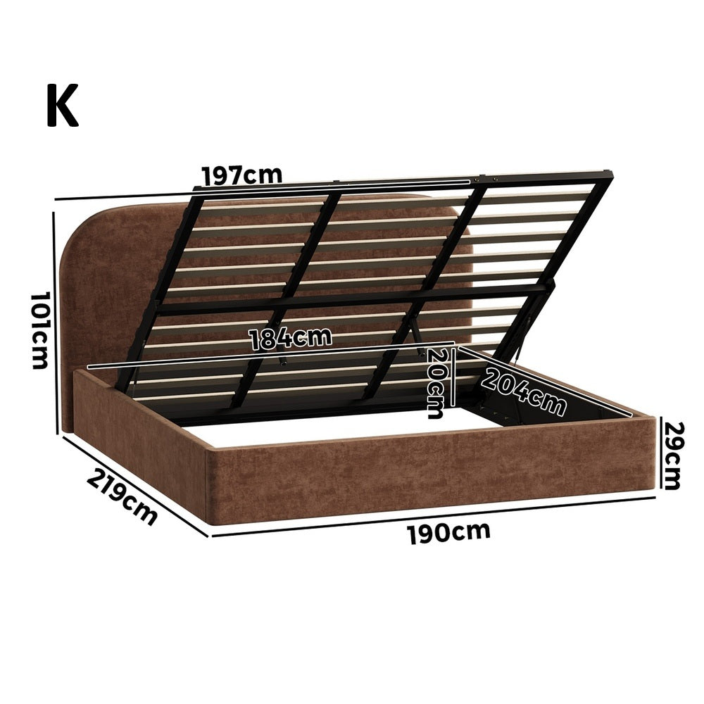 Brown Cloud Marshmallow Velvet Touch Gas Lift Bed | Soft Padded Arched Fabric Storage Bed Frame