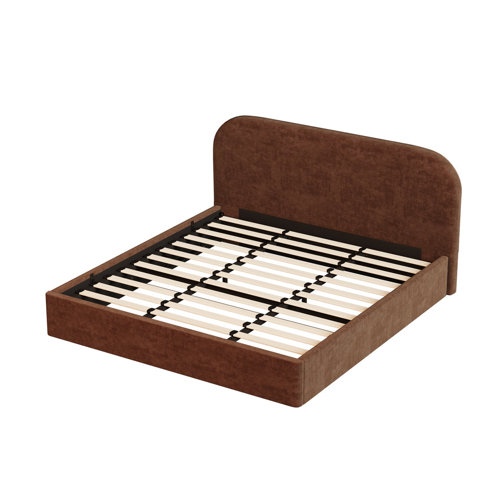 Brown Cloud Marshmallow Velvet Touch Gas Lift Bed | Soft Padded Arched Fabric Storage Bed Frame