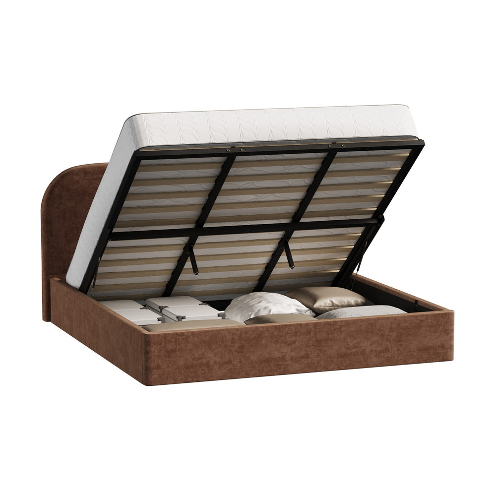 Brown Cloud Marshmallow Velvet Touch Gas Lift Bed | Soft Padded Arched Fabric Storage Bed Frame