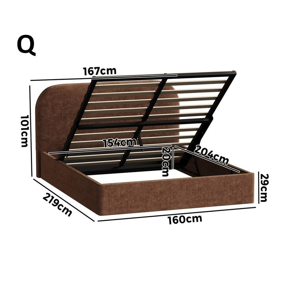 Brown Cloud Marshmallow Velvet Touch Gas Lift Bed | Soft Padded Arched Fabric Storage Bed Frame
