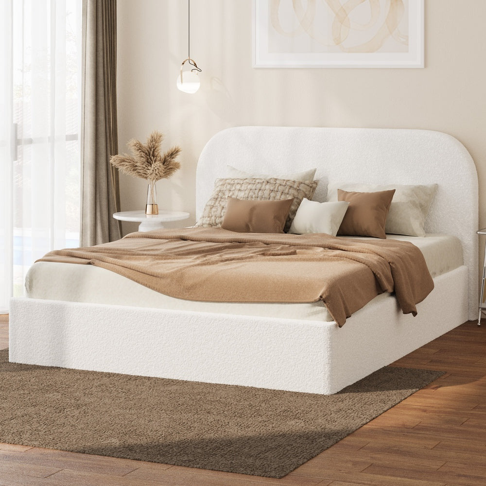 White Marshmallow Cloud Boucle Gas Lift Bed | Soft Padded Arched Fabric Storage Bed Frame