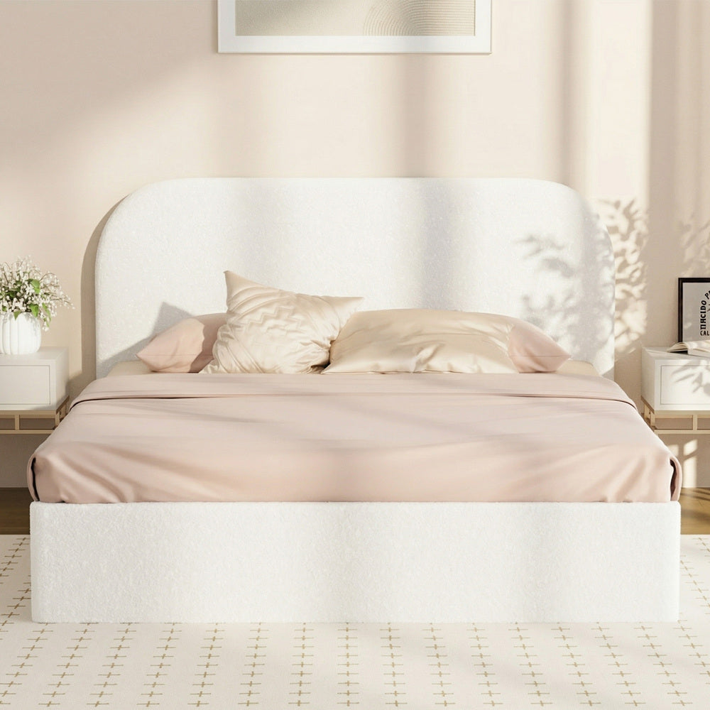 White Marshmallow Cloud Boucle Gas Lift Bed | Soft Padded Arched Fabric Storage Bed Frame