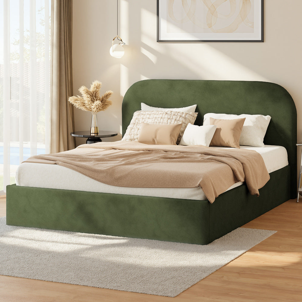 Green Cloud Marshmallow Velvet Touch Gas Lift Bed | Soft Padded Arched Fabric Storage Bed Frame