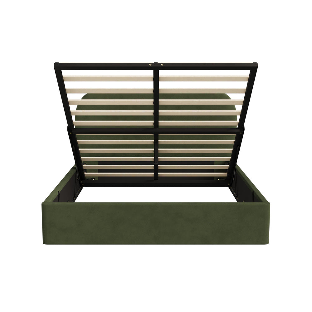 Green Cloud Marshmallow Velvet Touch Gas Lift Bed | Soft Padded Arched Fabric Storage Bed Frame