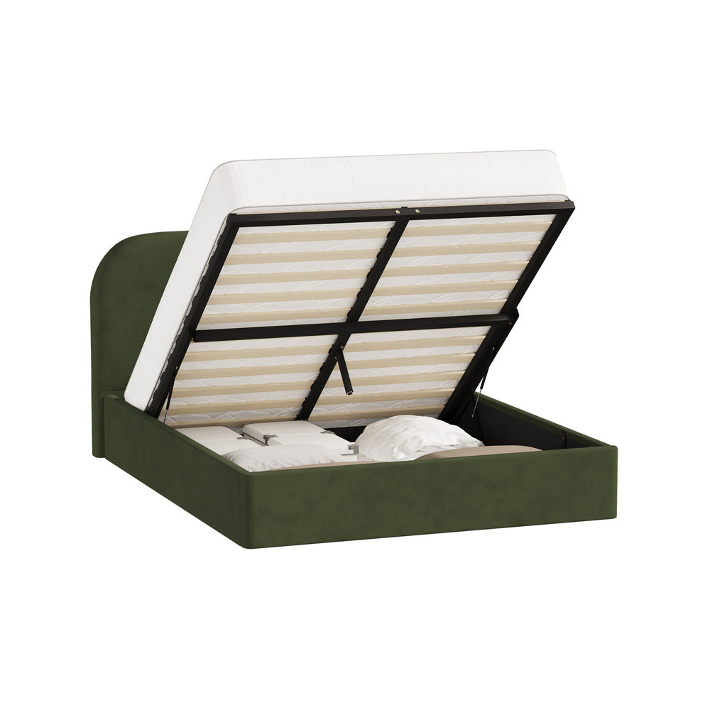 Green Cloud Marshmallow Velvet Touch Gas Lift Bed | Soft Padded Arched Fabric Storage Bed Frame