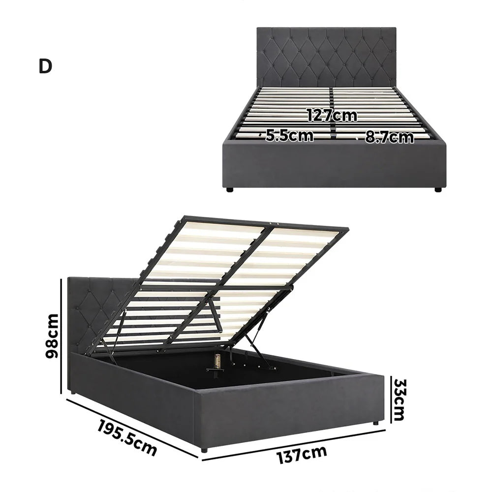 Premium Milano Grey Soft Velvet Fabric Gas Lift Storage Bed | Two In One Bed and Storage Combo Bed Frame