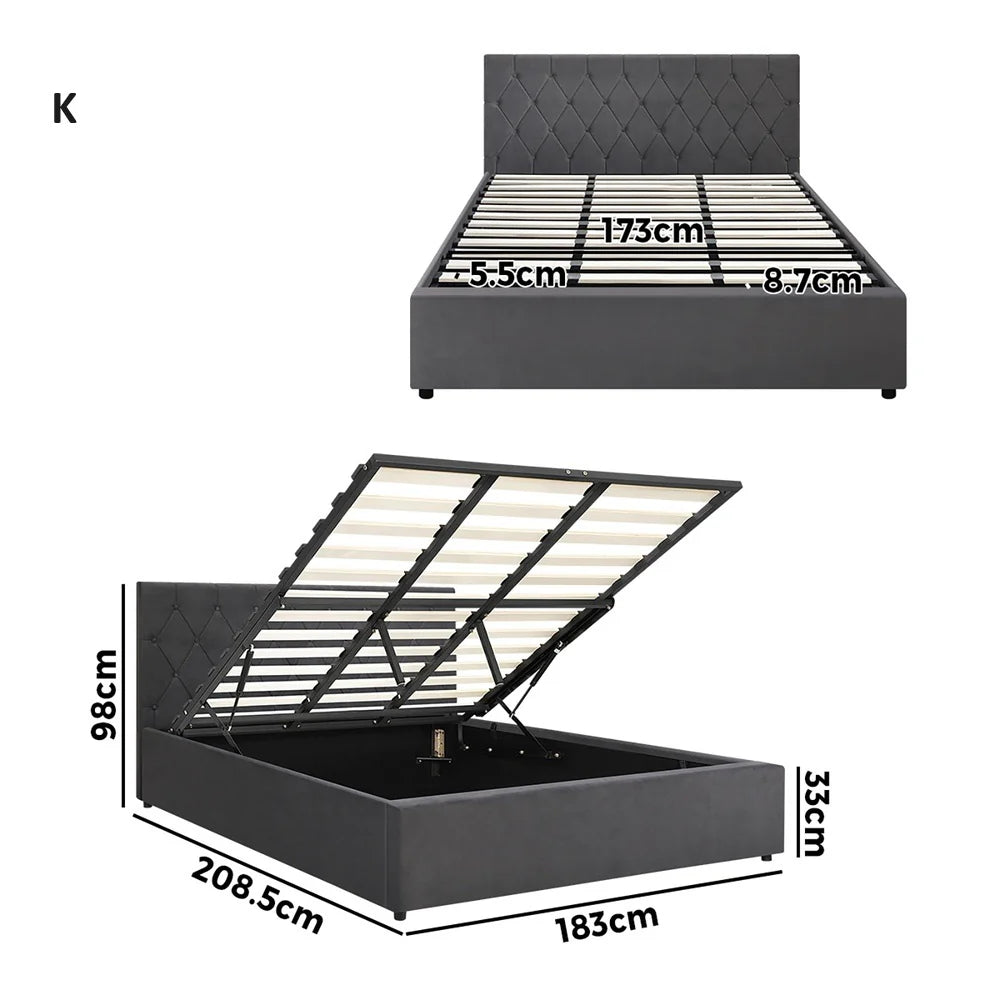 Premium Milano Grey Soft Velvet Fabric Gas Lift Storage Bed | Two In One Bed and Storage Combo Bed Frame