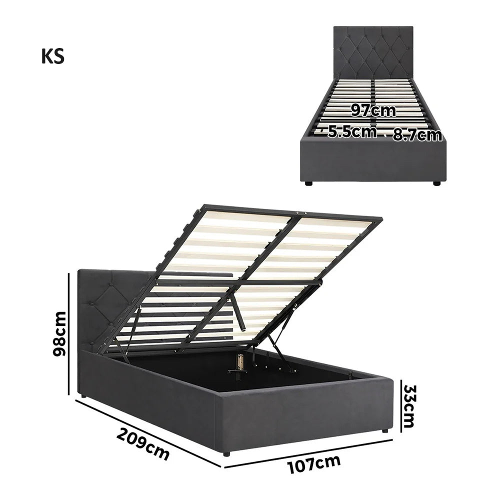 Premium Milano Grey Soft Velvet Fabric Gas Lift Storage Bed | Two In One Bed and Storage Combo Bed Frame