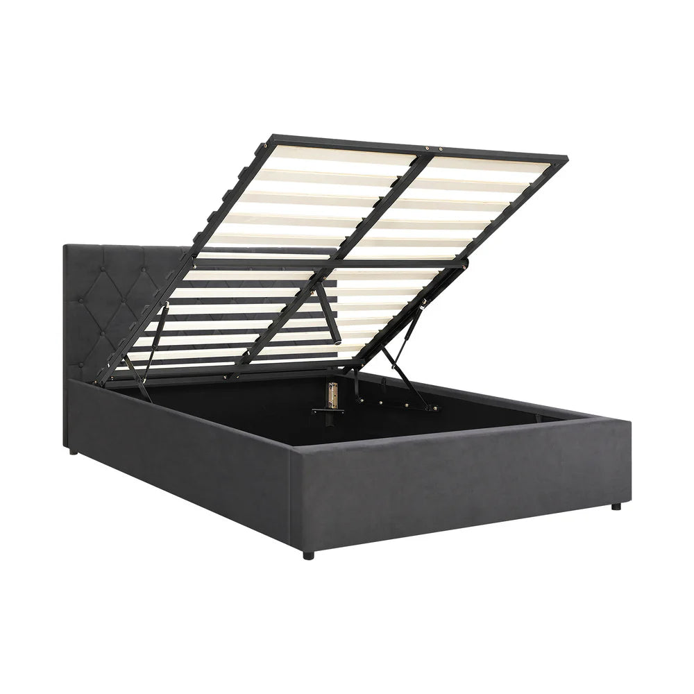 Premium Milano Grey Soft Velvet Fabric Gas Lift Storage Bed | Two In One Bed and Storage Combo Bed Frame
