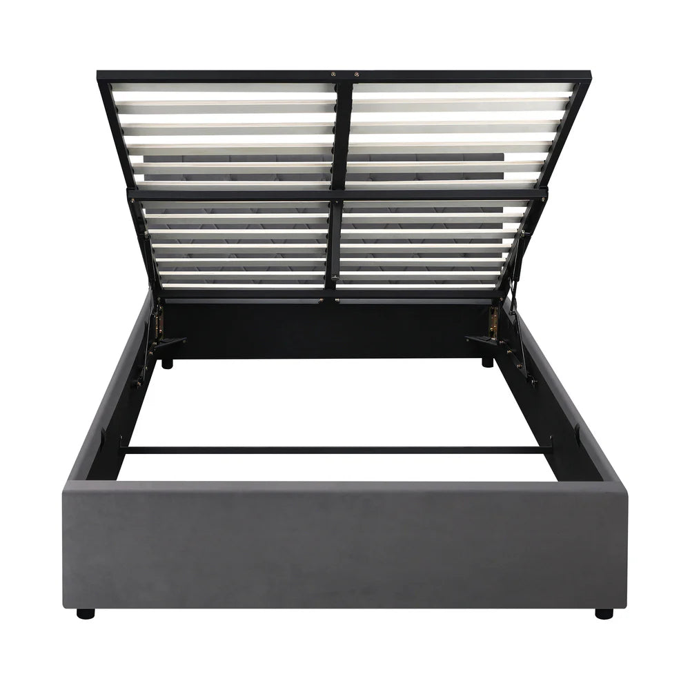 Premium Milano Grey Soft Velvet Fabric Gas Lift Storage Bed | Two In One Bed and Storage Combo Bed Frame