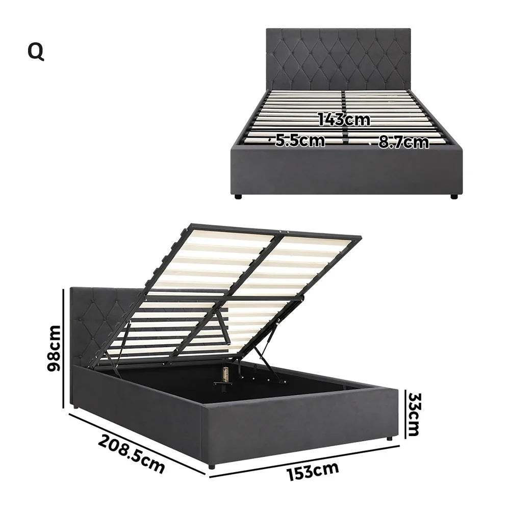 Premium Milano Grey Soft Velvet Fabric Gas Lift Storage Bed | Two In One Bed and Storage Combo Bed Frame