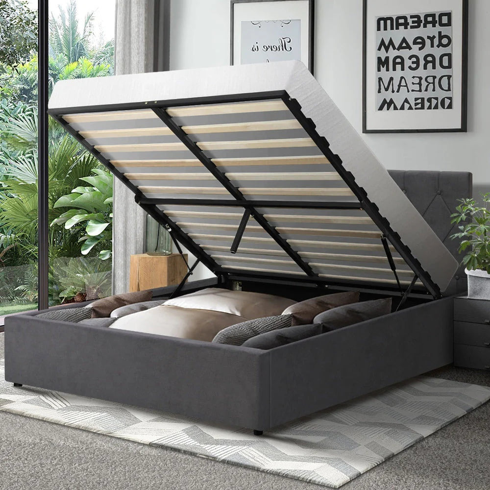 Premium Milano Grey Soft Velvet Fabric Gas Lift Storage Bed | Two In One Bed and Storage Combo Bed Frame