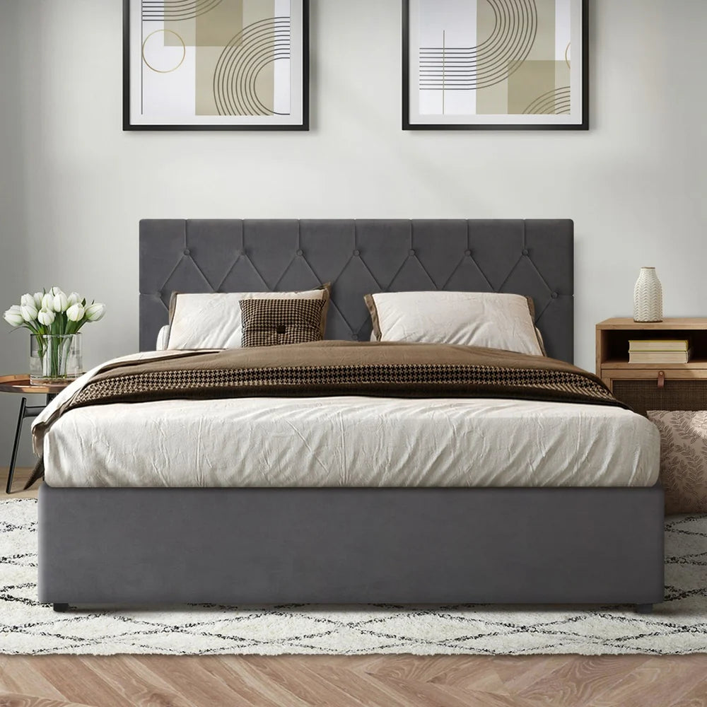 Premium Milano Grey Soft Velvet Fabric Gas Lift Storage Bed | Two In One Bed and Storage Combo Bed Frame