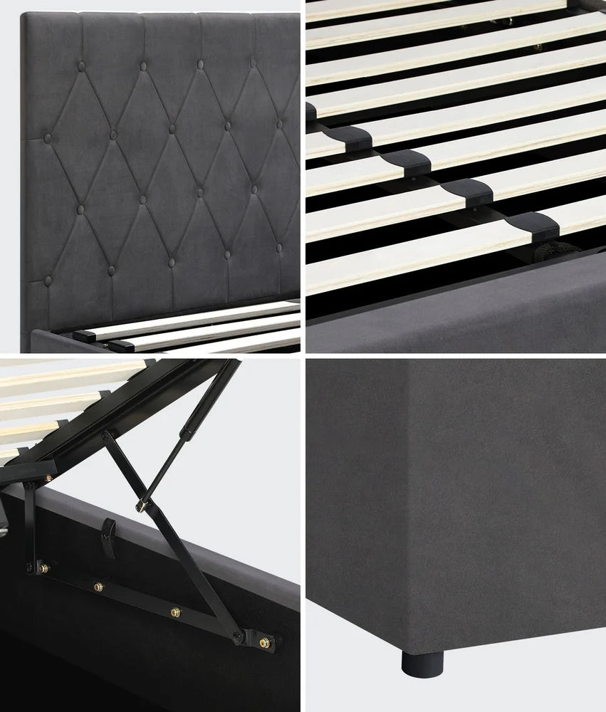 Premium Milano Grey Soft Velvet Fabric Gas Lift Storage Bed | Two In One Bed and Storage Combo Bed Frame