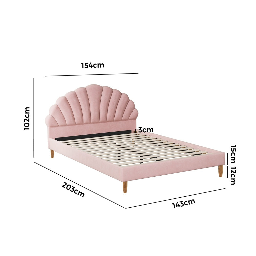 Princess Arial Pink Seashell Style Velvet Fabric Bed Frame | Kids Pink Soft Touch Fabric Bed