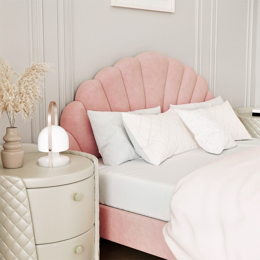 Princess Arial Pink Seashell Style Velvet Fabric Bed Frame | Kids Pink Soft Touch Fabric Bed