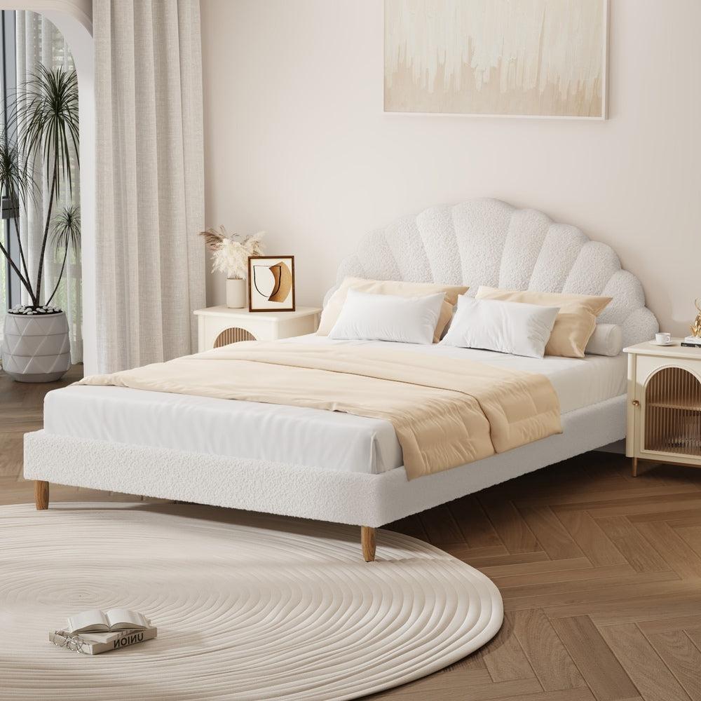 Princess Arial Boucle Fabric Seashell Style Bed Frame | Kids White Soft Touch Boucle Bed