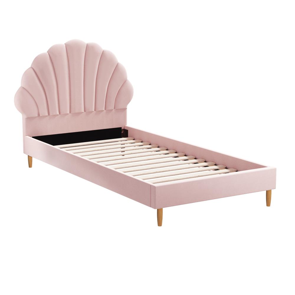 Princess Arial Pink Seashell Style Velvet Fabric Bed Frame | Kids Pink Soft Touch Fabric Bed
