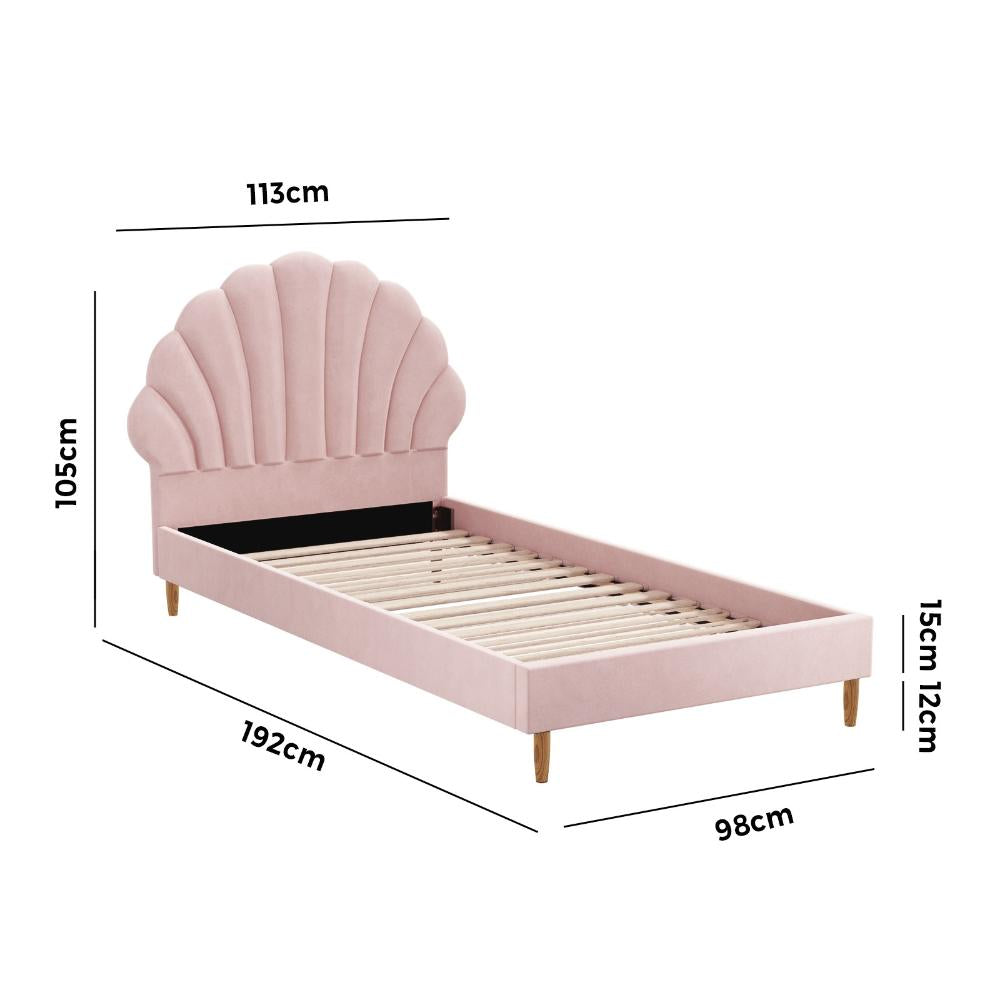 Princess Arial Pink Seashell Style Velvet Fabric Bed Frame | Kids Pink Soft Touch Fabric Bed