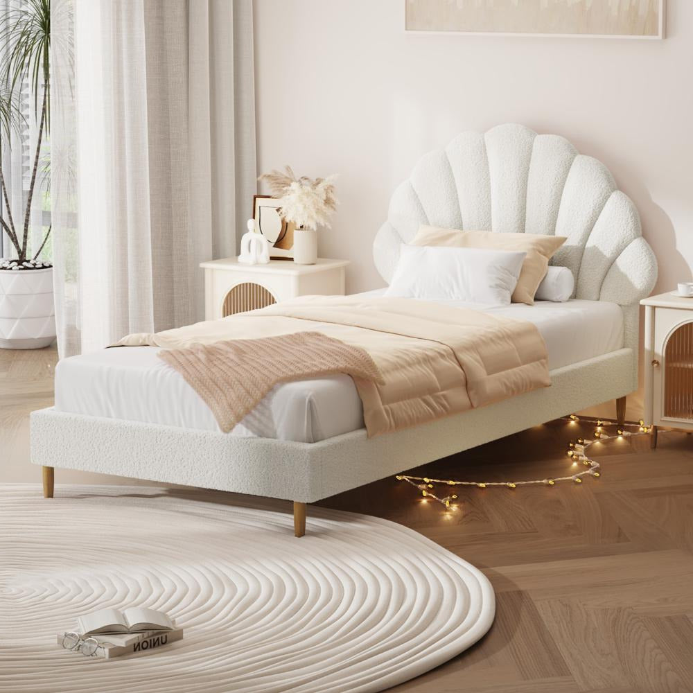 Princess Arial Boucle Fabric Seashell Style Bed Frame | Kids White Soft Touch Boucle Bed