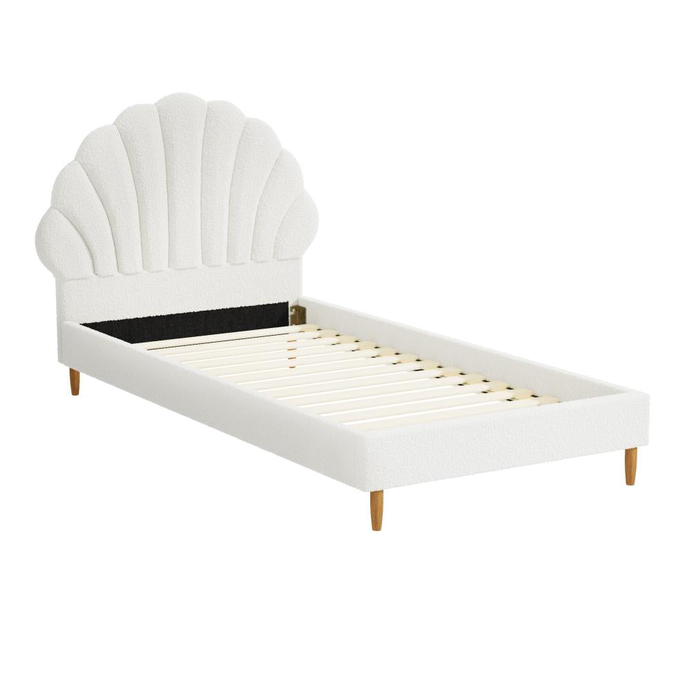 Princess Arial Boucle Fabric Seashell Style Bed Frame | Kids White Soft Touch Boucle Bed