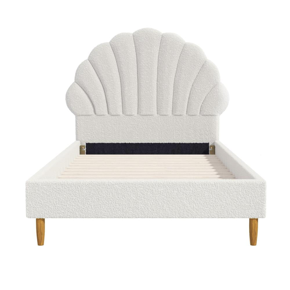 Princess Arial Boucle Fabric Seashell Style Bed Frame | Kids White Soft Touch Boucle Bed