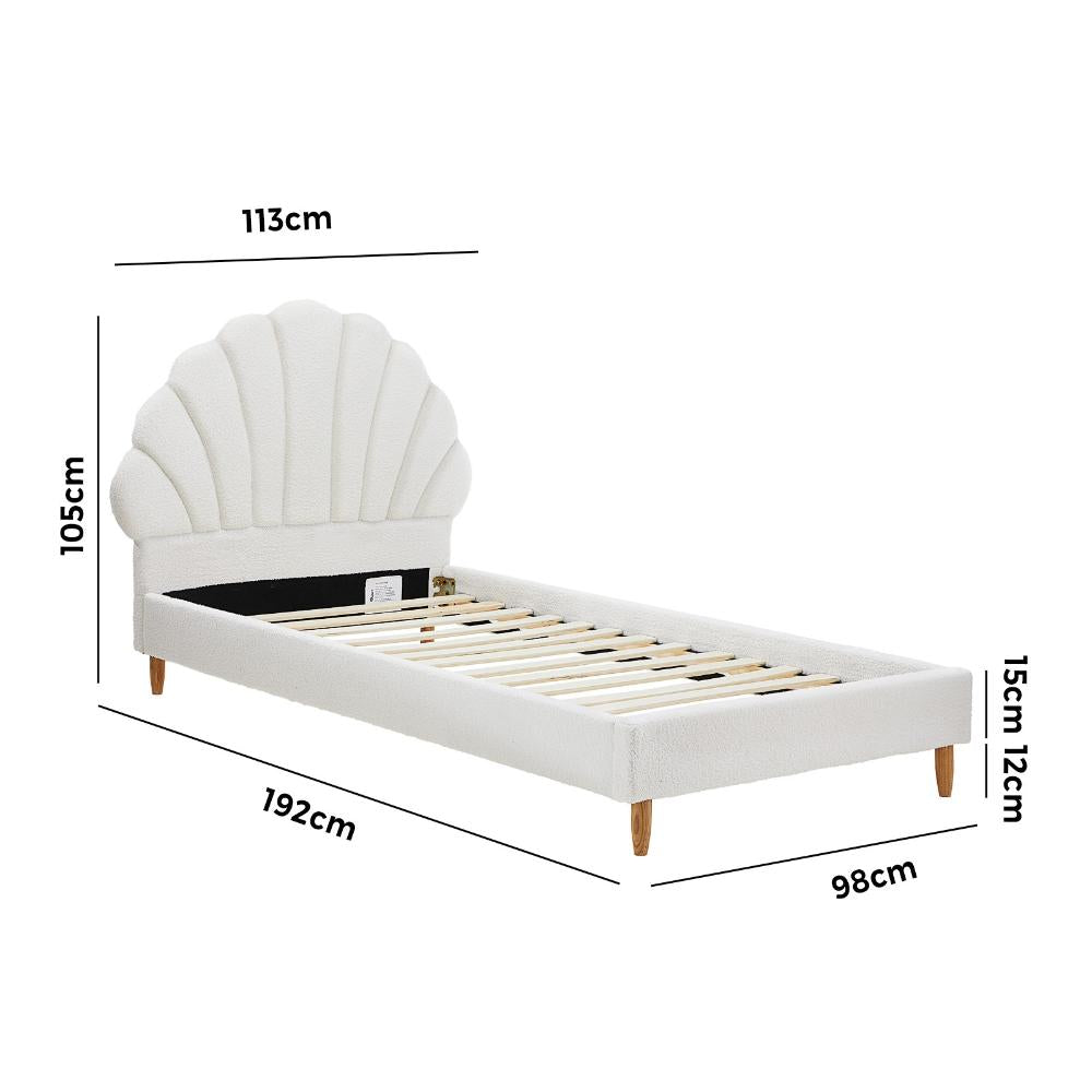 Princess Arial Boucle Fabric Seashell Style Bed Frame | Kids White Soft Touch Boucle Bed